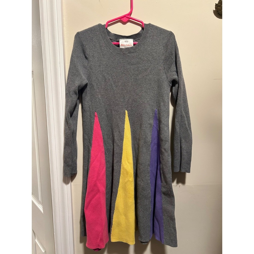 Girls Hanna Andersson Rainbow Long Sleeve Knit Gray Dress Size 6-7
